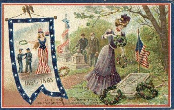 People put flowers and flags on soldiers' graves.